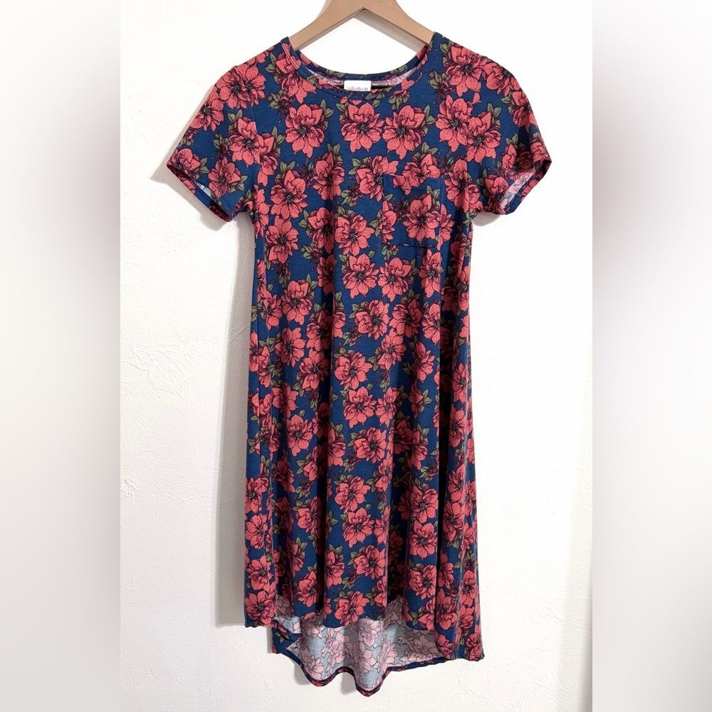 Lularoe floral Carly dress, navy blue and red pink floral, size XXS